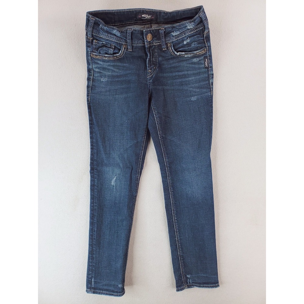 Silver Jeans Womens 28 Blue Suki Ankle Slim Distressed Thick Stich Western Y2K